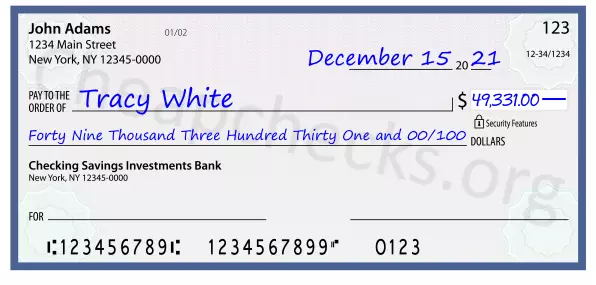 Forty Nine Thousand Three Hundred Thirty One and 00/100 filled out on a check