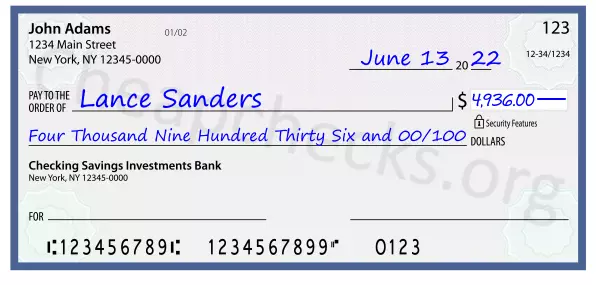 Four Thousand Nine Hundred Thirty Six and 00/100 filled out on a check