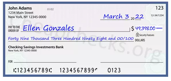 Forty Nine Thousand Three Hundred Ninety Eight and 00/100 filled out on a check