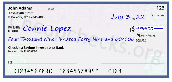 Four Thousand Nine Hundred Forty Nine and 00/100 filled out on a check