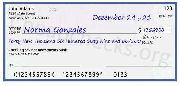 Forty Nine Thousand Six Hundred Sixty Nine and 00/100 filled out on a check