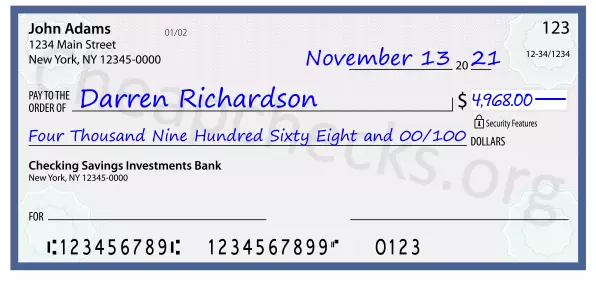 Four Thousand Nine Hundred Sixty Eight and 00/100 filled out on a check