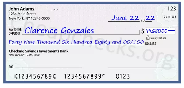 Forty Nine Thousand Six Hundred Eighty and 00/100 filled out on a check