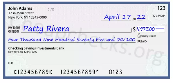 Four Thousand Nine Hundred Seventy Five and 00/100 filled out on a check