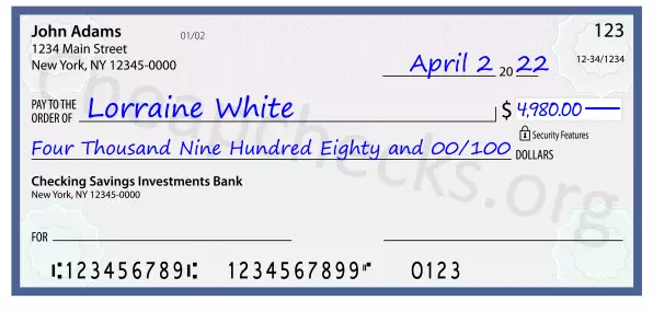 Four Thousand Nine Hundred Eighty and 00/100 filled out on a check