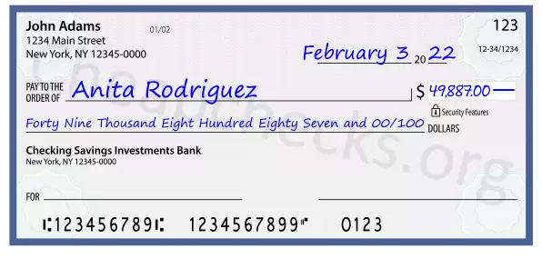 Forty Nine Thousand Eight Hundred Eighty Seven and 00/100 filled out on a check