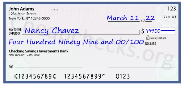 Four Hundred Ninety Nine and 00/100 filled out on a check