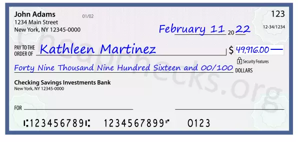 Forty Nine Thousand Nine Hundred Sixteen and 00/100 filled out on a check