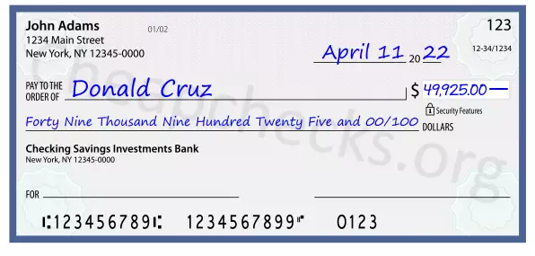 Forty Nine Thousand Nine Hundred Twenty Five and 00/100 filled out on a check