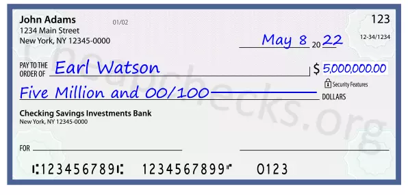 Five Million and 00/100 filled out on a check