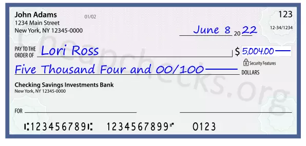 Five Thousand Four and 00/100 filled out on a check