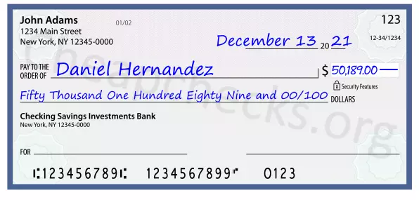 Fifty Thousand One Hundred Eighty Nine and 00/100 filled out on a check