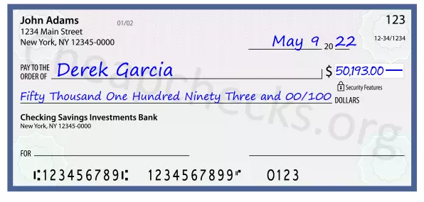 Fifty Thousand One Hundred Ninety Three and 00/100 filled out on a check