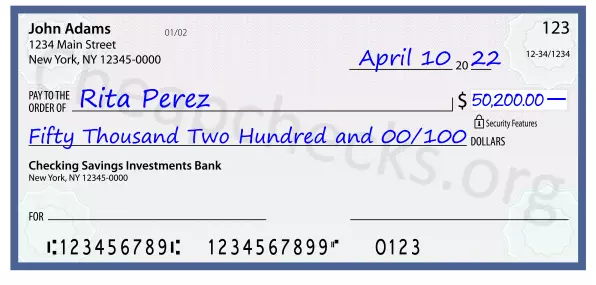 Fifty Thousand Two Hundred and 00/100 filled out on a check