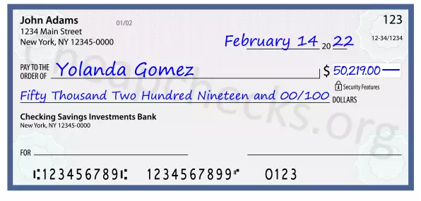 Fifty Thousand Two Hundred Nineteen and 00/100 filled out on a check