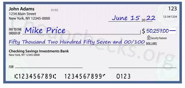 Fifty Thousand Two Hundred Fifty Seven and 00/100 filled out on a check