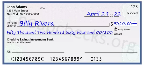 Fifty Thousand Two Hundred Sixty Four and 00/100 filled out on a check