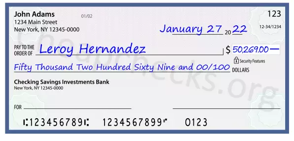 Fifty Thousand Two Hundred Sixty Nine and 00/100 filled out on a check