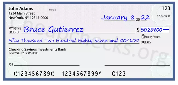 Fifty Thousand Two Hundred Eighty Seven and 00/100 filled out on a check