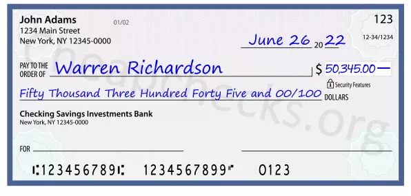 Fifty Thousand Three Hundred Forty Five and 00/100 filled out on a check