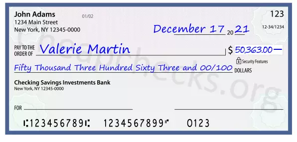 Fifty Thousand Three Hundred Sixty Three and 00/100 filled out on a check