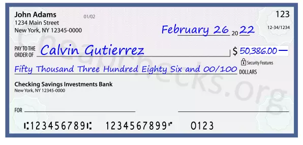 Fifty Thousand Three Hundred Eighty Six and 00/100 filled out on a check