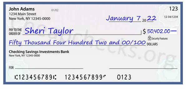 Fifty Thousand Four Hundred Two and 00/100 filled out on a check