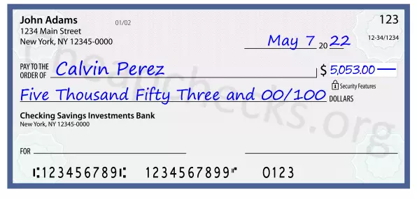 Five Thousand Fifty Three and 00/100 filled out on a check