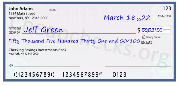 Fifty Thousand Five Hundred Thirty One and 00/100 filled out on a check