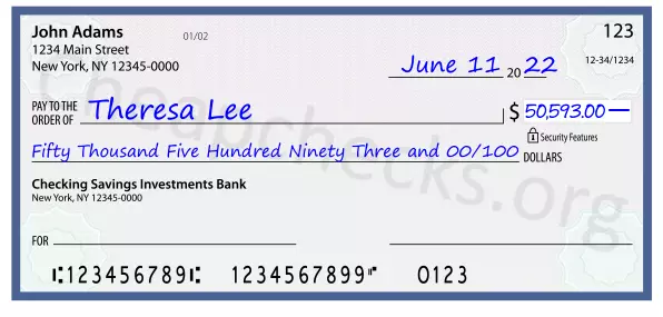 Fifty Thousand Five Hundred Ninety Three and 00/100 filled out on a check