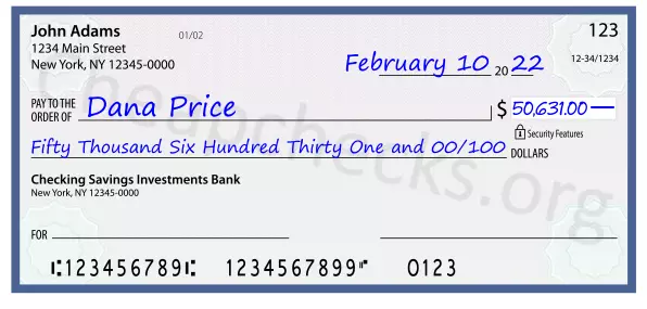 Fifty Thousand Six Hundred Thirty One and 00/100 filled out on a check