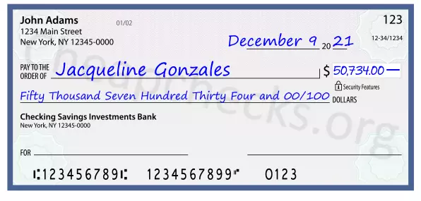 Fifty Thousand Seven Hundred Thirty Four and 00/100 filled out on a check