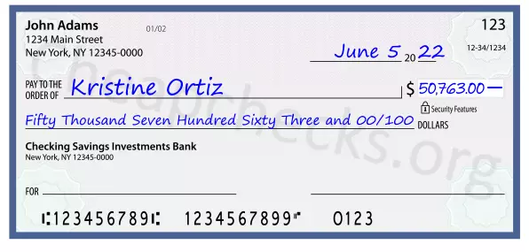 Fifty Thousand Seven Hundred Sixty Three and 00/100 filled out on a check