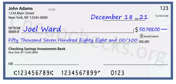 Fifty Thousand Seven Hundred Eighty Eight and 00/100 filled out on a check