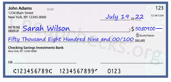 Fifty Thousand Eight Hundred Nine and 00/100 filled out on a check