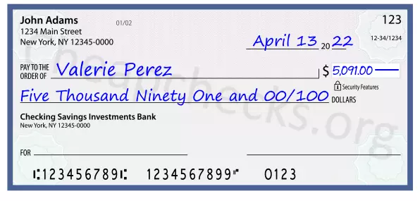 Five Thousand Ninety One and 00/100 filled out on a check