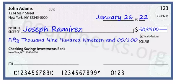 Fifty Thousand Nine Hundred Nineteen and 00/100 filled out on a check