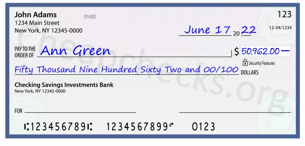 Fifty Thousand Nine Hundred Sixty Two and 00/100 filled out on a check