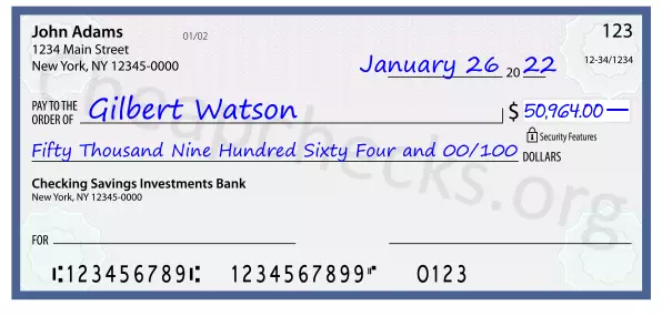 Fifty Thousand Nine Hundred Sixty Four and 00/100 filled out on a check