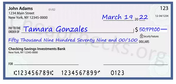 Fifty Thousand Nine Hundred Seventy Nine and 00/100 filled out on a check