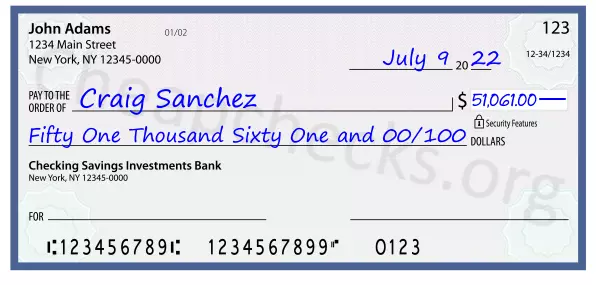 Fifty One Thousand Sixty One and 00/100 filled out on a check