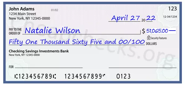 Fifty One Thousand Sixty Five and 00/100 filled out on a check