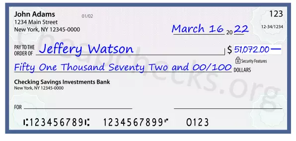 Fifty One Thousand Seventy Two and 00/100 filled out on a check