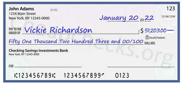 Fifty One Thousand Two Hundred Three and 00/100 filled out on a check