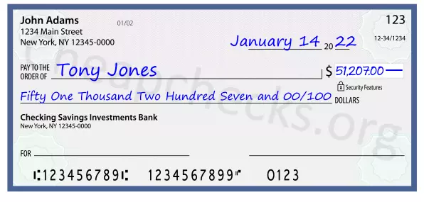 Fifty One Thousand Two Hundred Seven and 00/100 filled out on a check