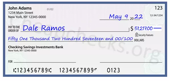 Fifty One Thousand Two Hundred Seventeen and 00/100 filled out on a check