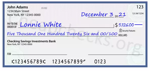 Five Thousand One Hundred Twenty Six and 00/100 filled out on a check