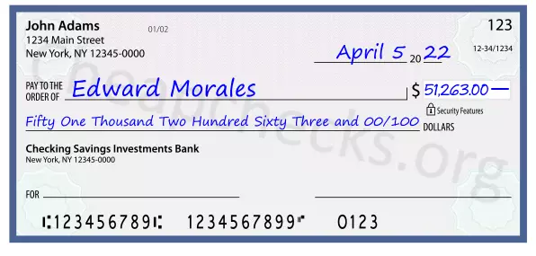 Fifty One Thousand Two Hundred Sixty Three and 00/100 filled out on a check