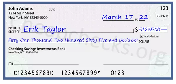 Fifty One Thousand Two Hundred Sixty Five and 00/100 filled out on a check