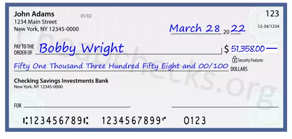 Fifty One Thousand Three Hundred Fifty Eight and 00/100 filled out on a check